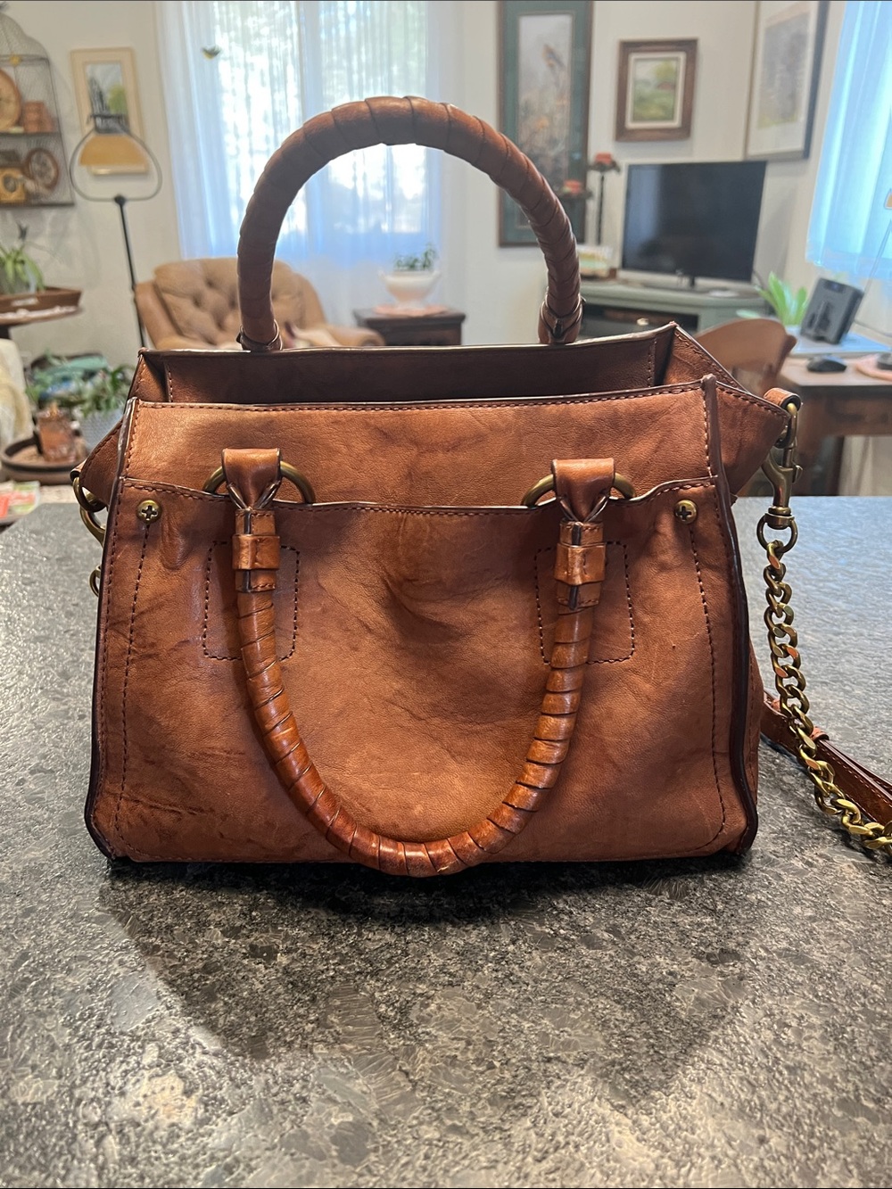 Frye Cognac Brown Leather Satchel with Chain-Leather Strap - Picture 3 of 16
